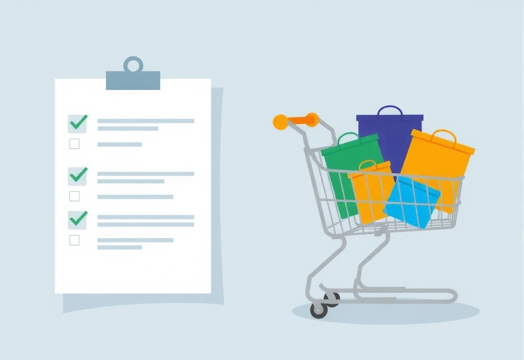 Illustrazione di una lista di controllo completata e un carrello della spesa