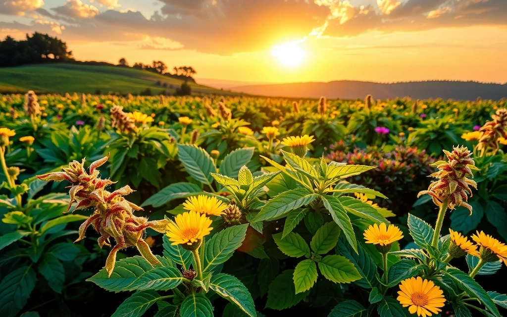 Campi verdi e erbe aromatiche sotto il sole italiano, simbolo di natura e vitalità.
