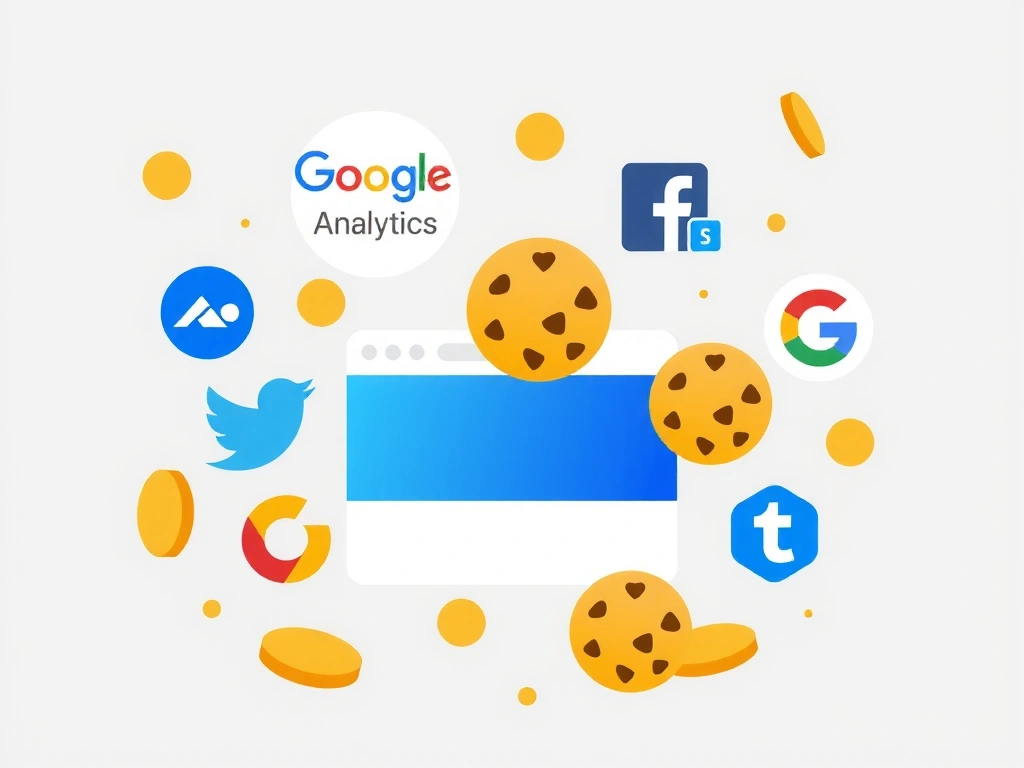 Un'illustrazione che mostra diversi loghi di servizi di terze parti (ad es. Google Analytics, Facebook, Twitter) che interagiscono con un sito web, simboleggiando i cookie di terze parti.