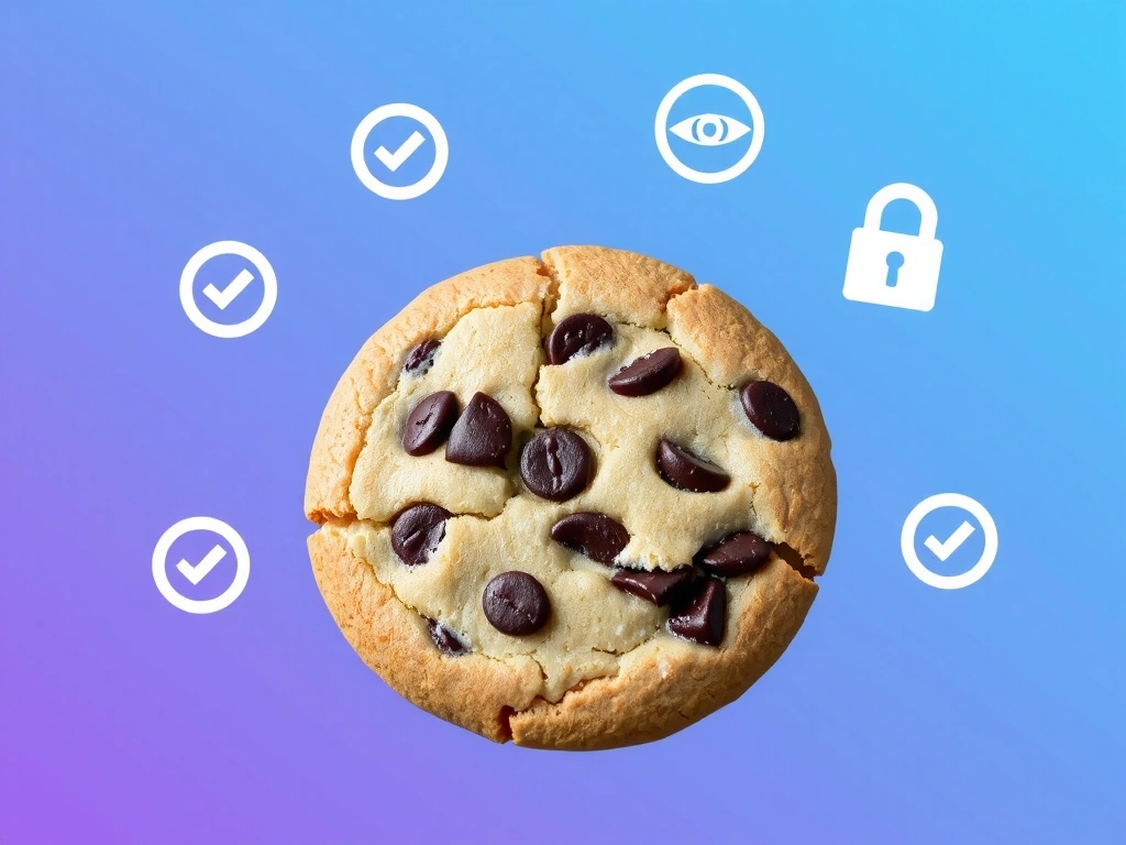 Una rappresentazione visiva di un cookie digitale, con icone di privacy e sicurezza che lo circondano, su uno sfondo sfumato di blu e viola.