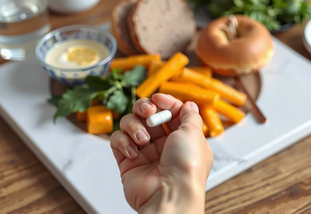 Mano che tiene una compressa di zinco con un bicchiere d'acqua sullo sfondo